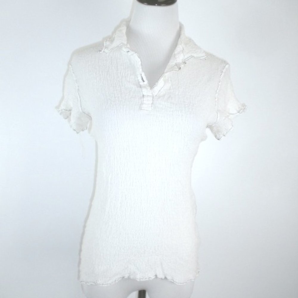 Issey Miyake ME crinkle stretch polo top OS short sleeve johnny collar cotton